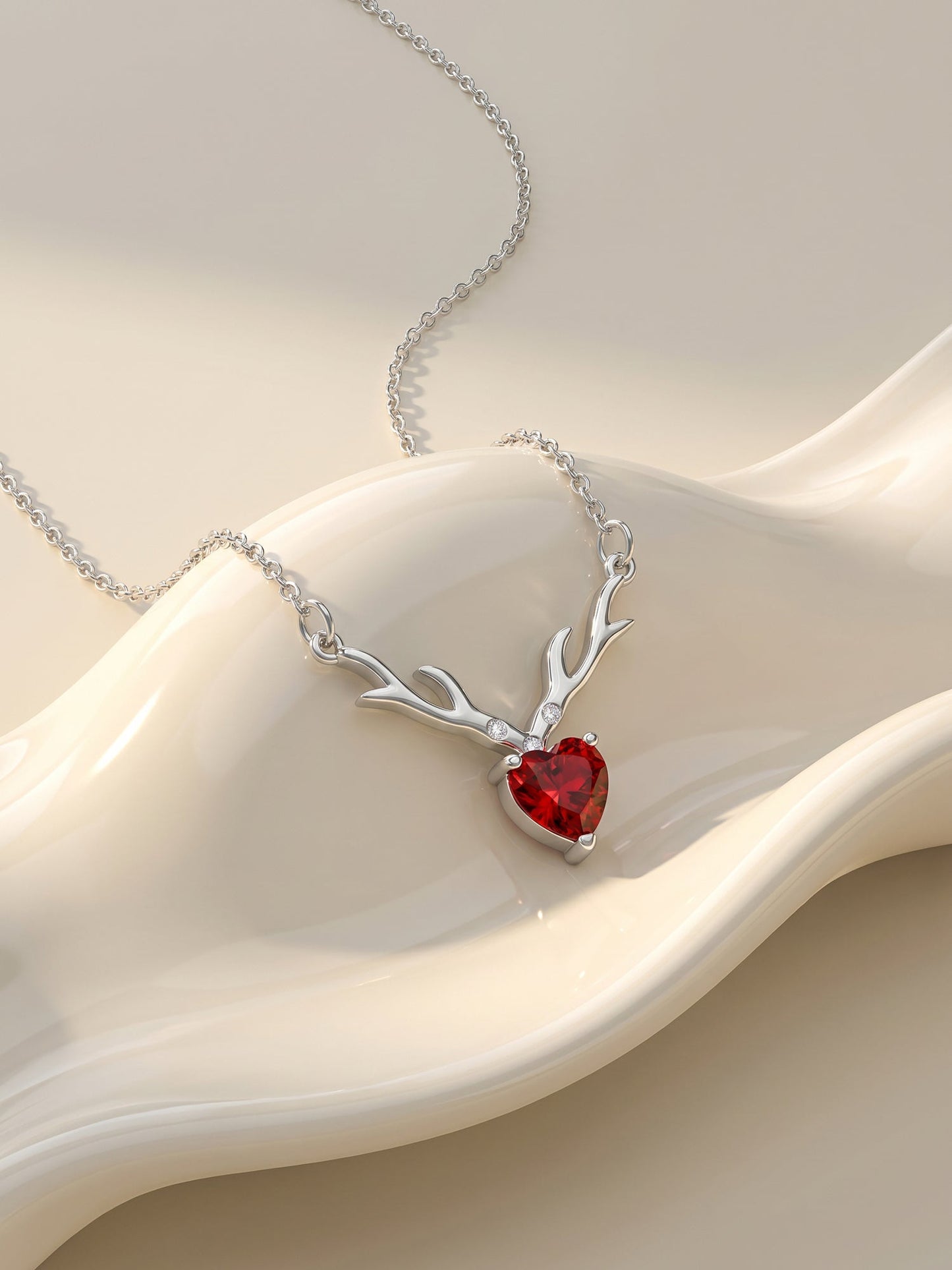 Silver Deer Heart in Red Necklace