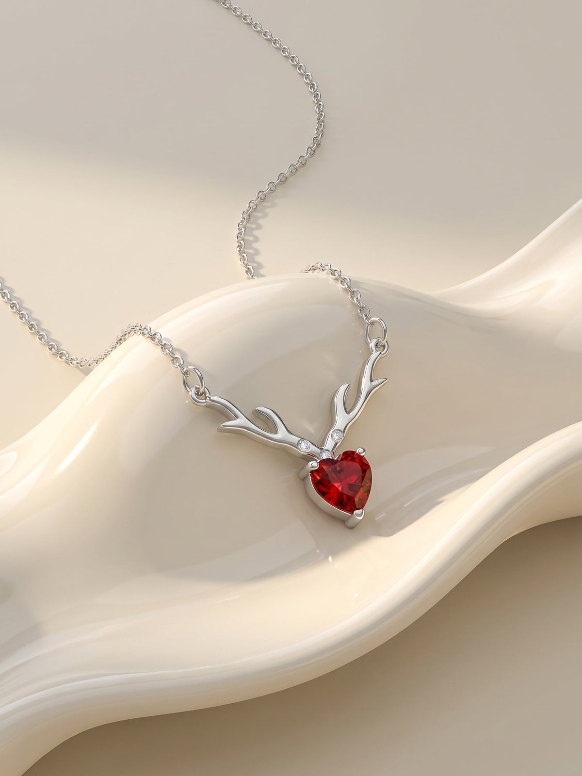 Silver Deer Heart in Red Necklace