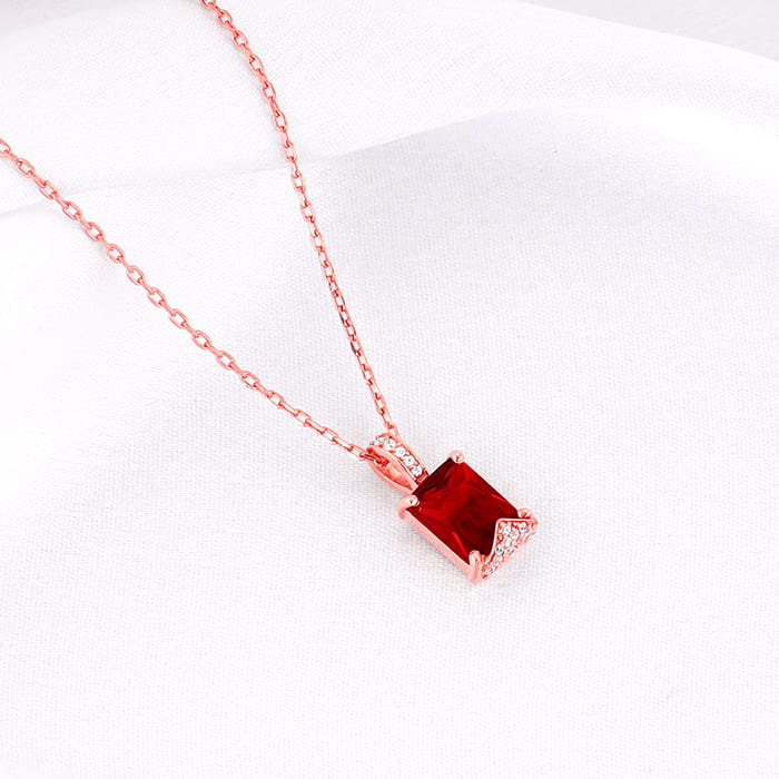 Rose Gold Red Baguette Pendant with Link  Chain