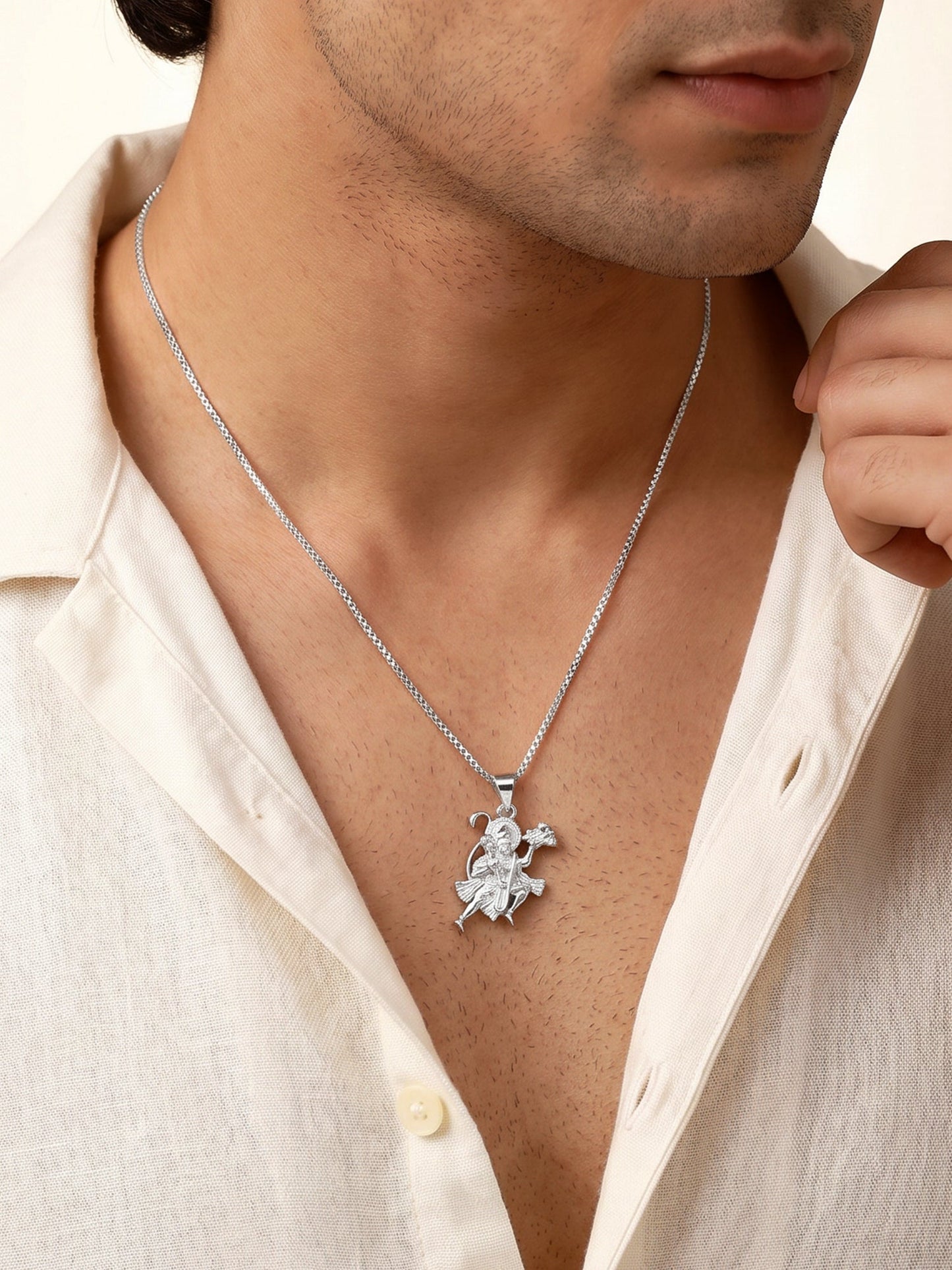 Silver Mahabali Hanuman Pendant with Box Chain For Him