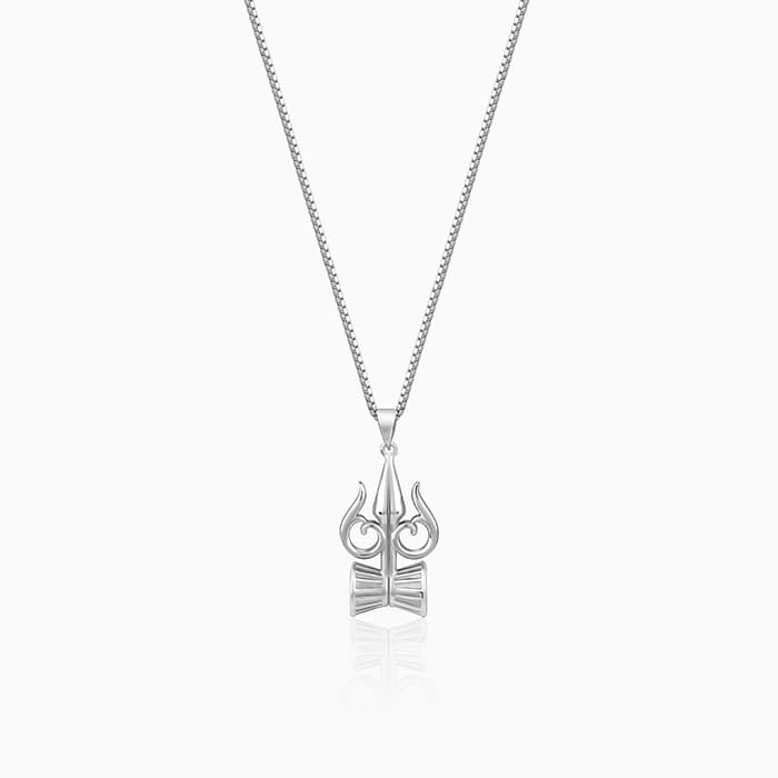 Silver Trishul And Damru Pendant With Box Chain For Him
