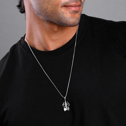 Silver Trishul And Damru Pendant With Box Chain For Him
