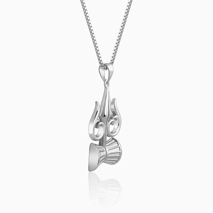Silver Trishul And Damru Pendant With Box Chain For Him