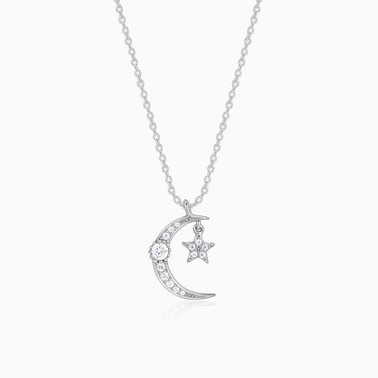 Silver Crescent Moon Star Pendant with Link Chain