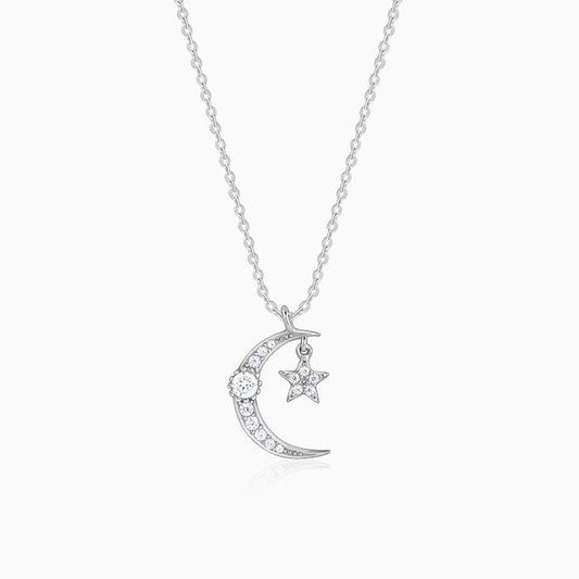 Silver Crescent Moon Star Pendant with Link Chain