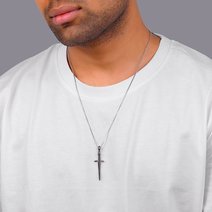 Black Rhodium Vintage Sword Pendant With Box Chain For Him