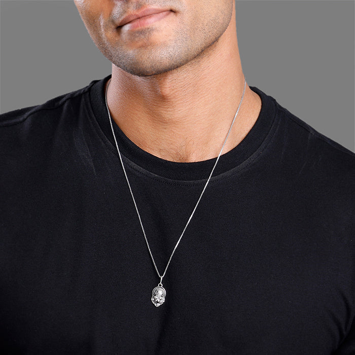 Oxidised Silver Narasimha Crown Pendant With Box Chain For Him