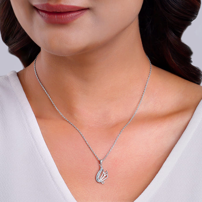 Silver Zircon Winged Pendant With Link Chain