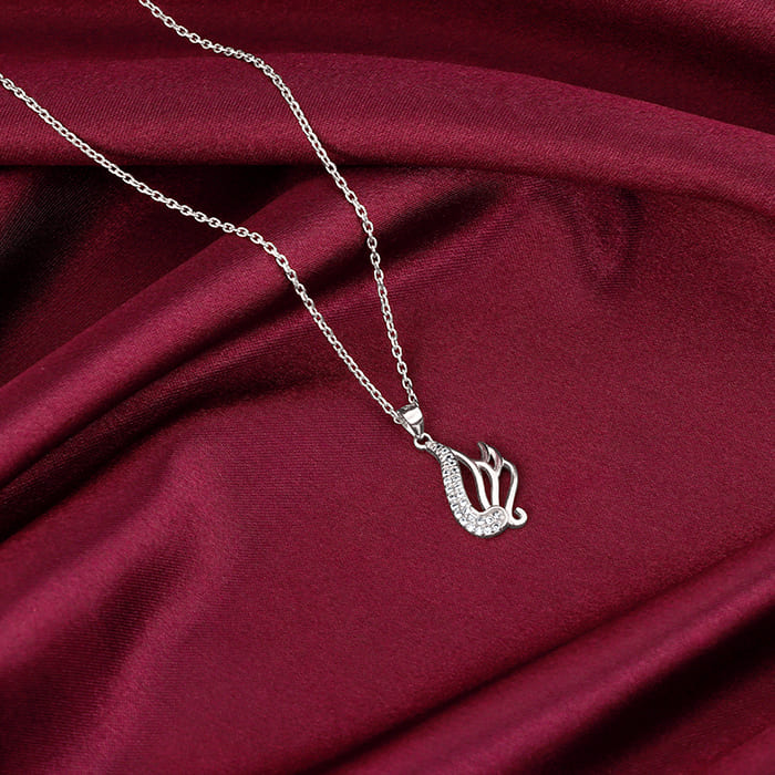 Silver Zircon Winged Pendant With Link Chain