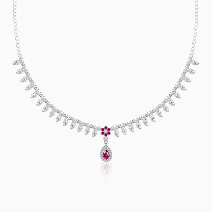 Silver Pink Flower Drop Necklace