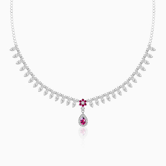Silver Pink Flower Drop Necklace
