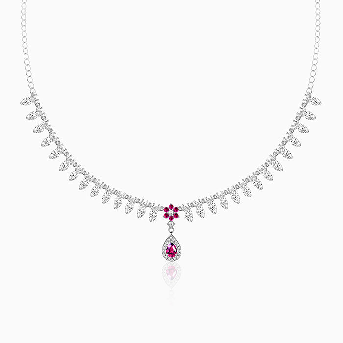 Silver Pink Flower Drop Necklace