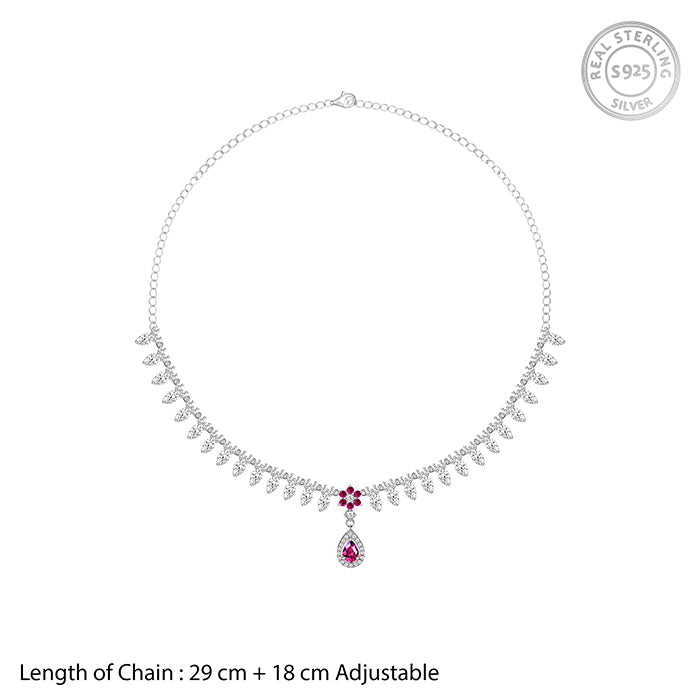 Silver Pink Flower Drop Necklace