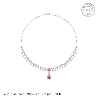 Silver Pink Flower Drop Necklace