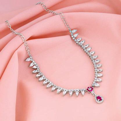 Silver Pink Flower Drop Necklace