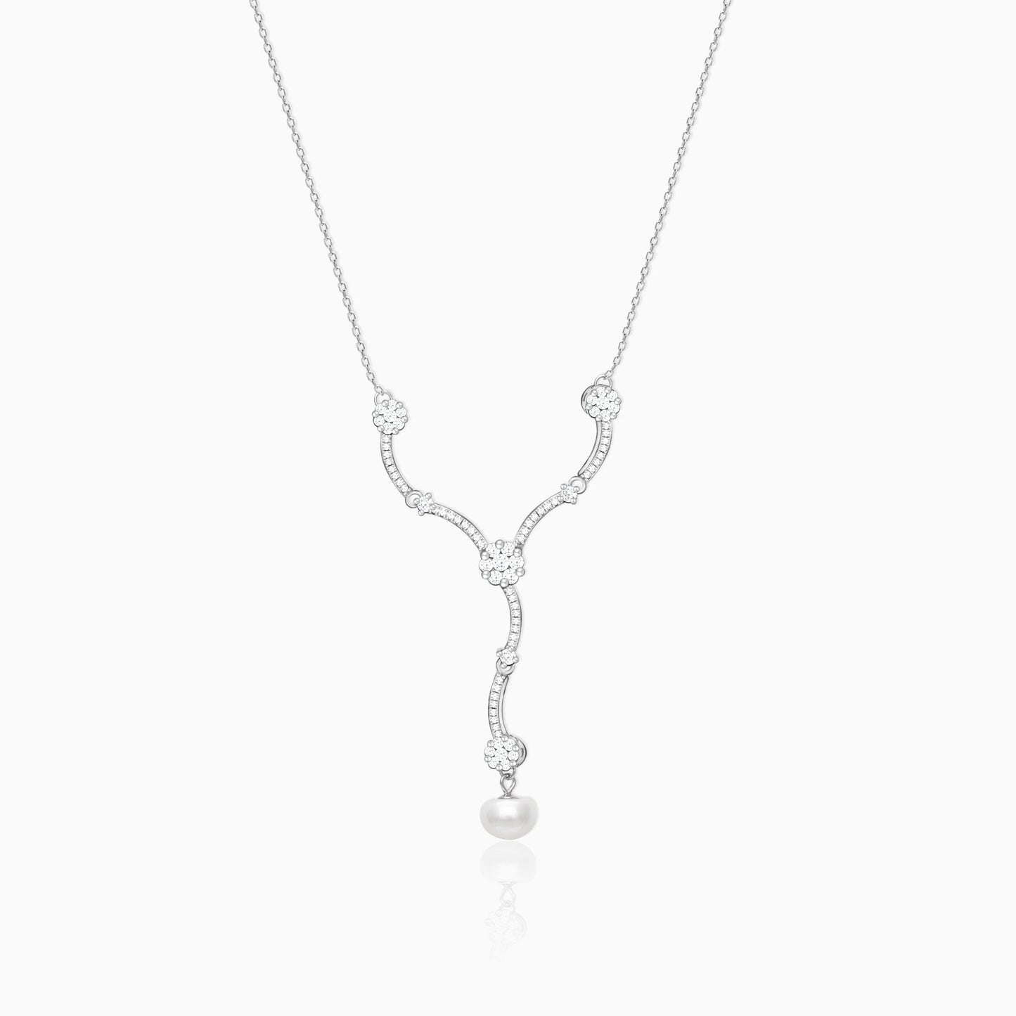 Silver Curved Pearl Flower Necklace