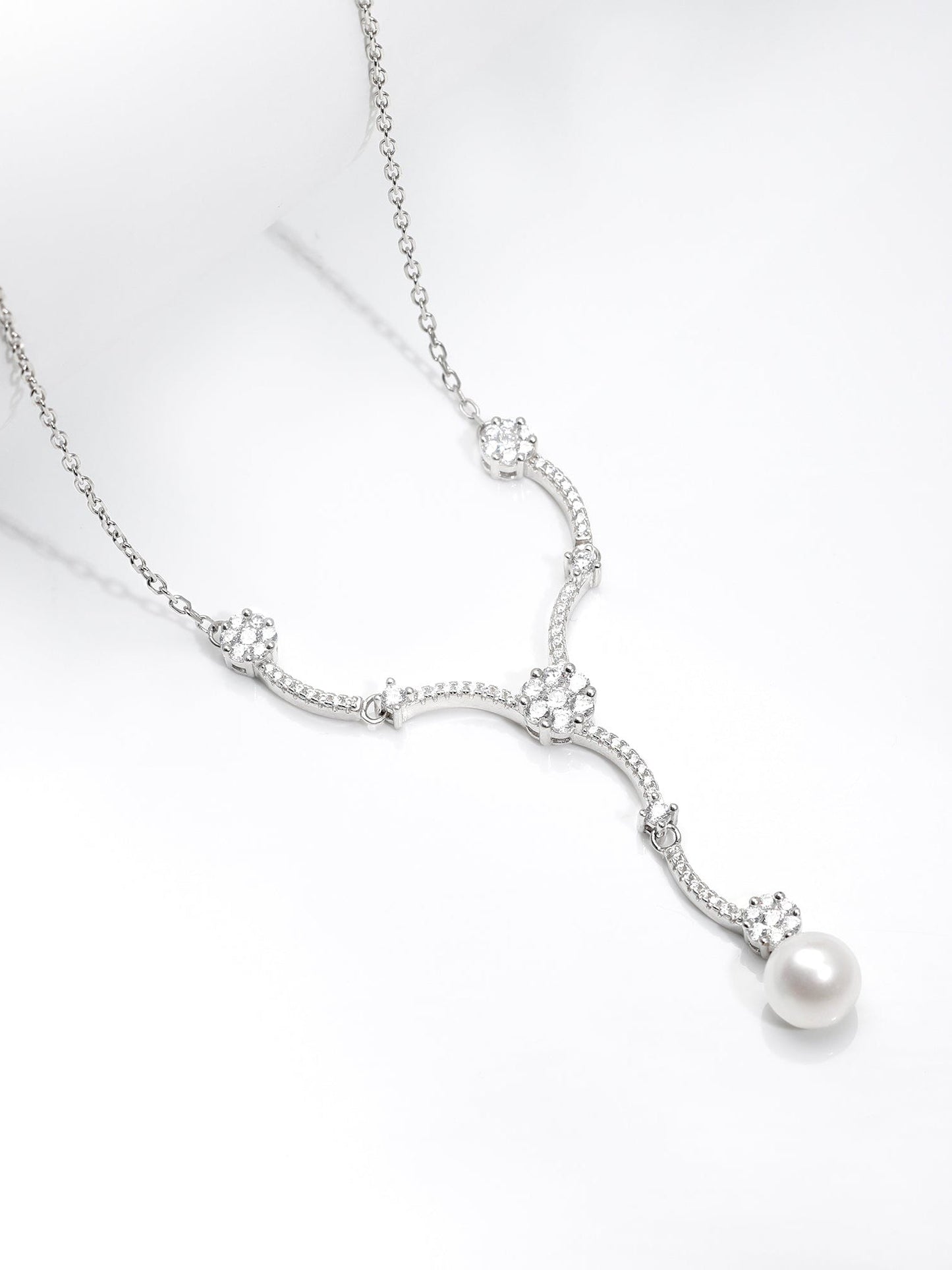 Silver Curved Pearl Flower Necklace