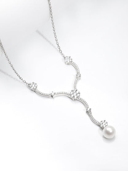 Silver Curved Pearl Flower Necklace