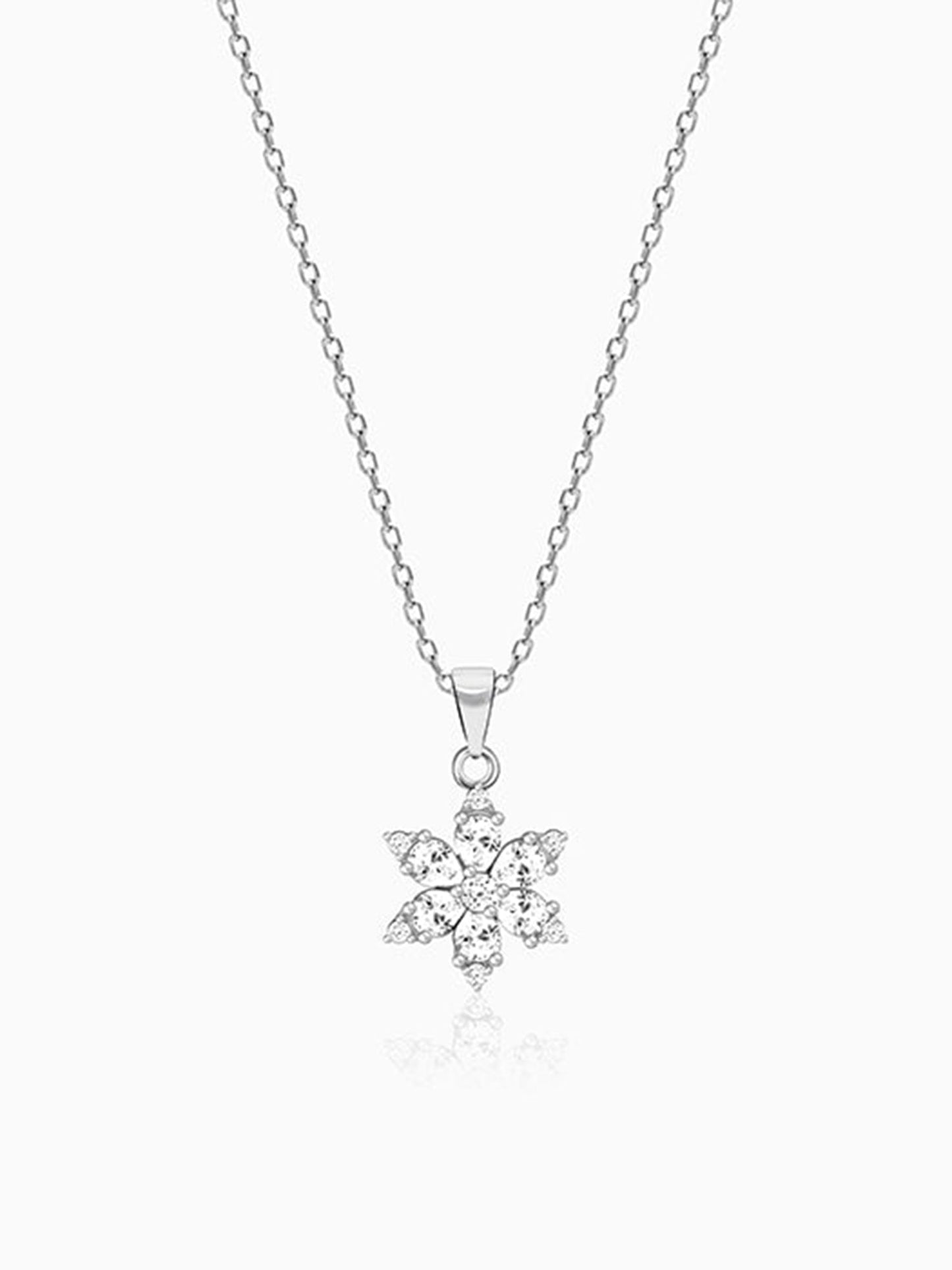 Silver Flowery Snowflake Pendant With Link Chain