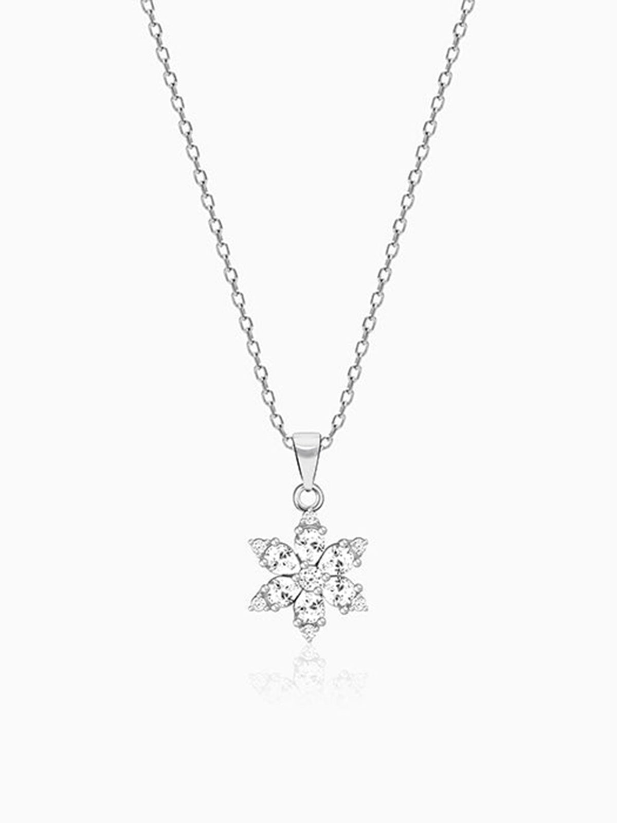 Silver Flowery Snowflake Pendant With Link Chain