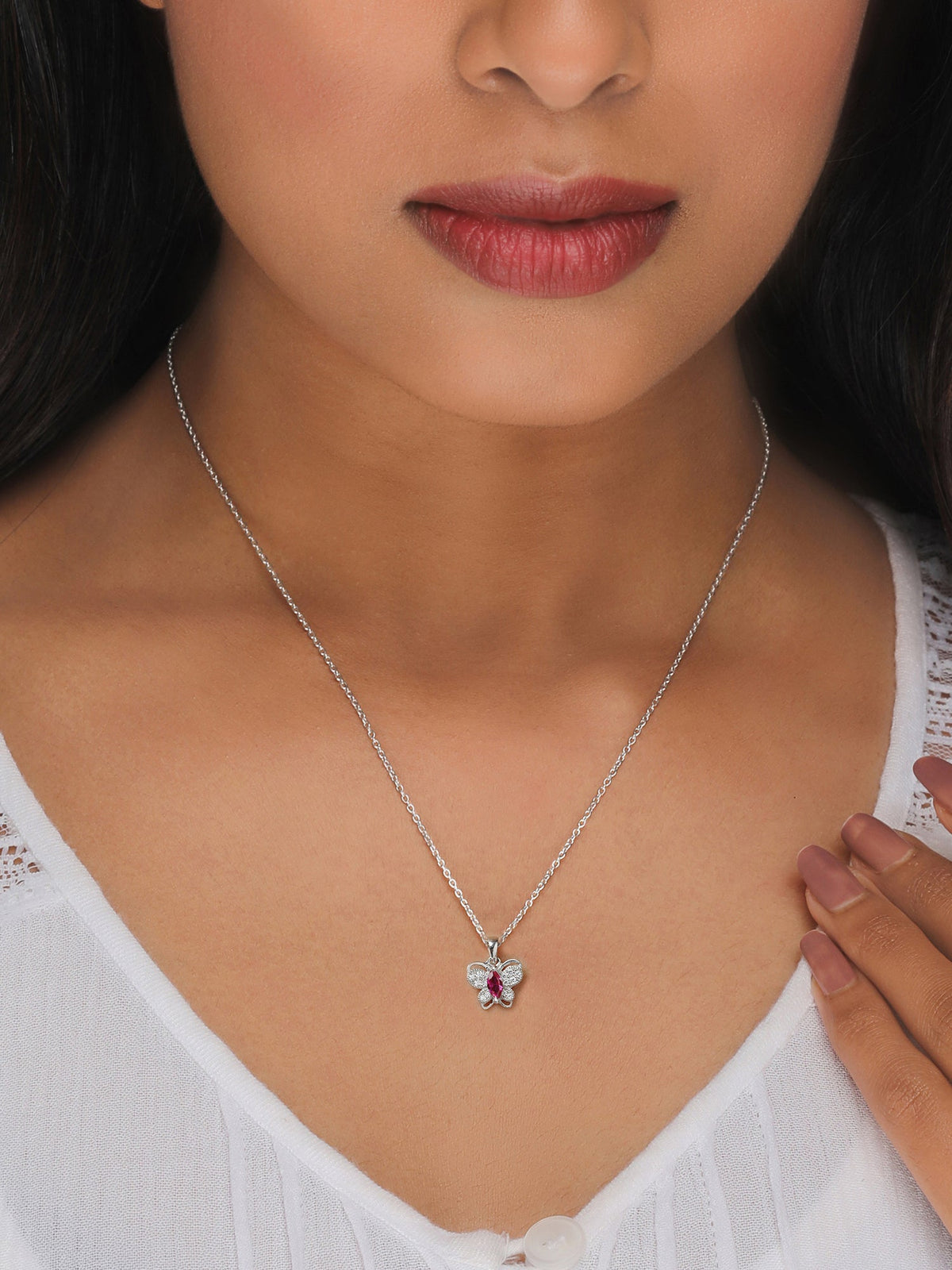 Silver Pop Pink Studded Butterfly Pendant With Link Chain