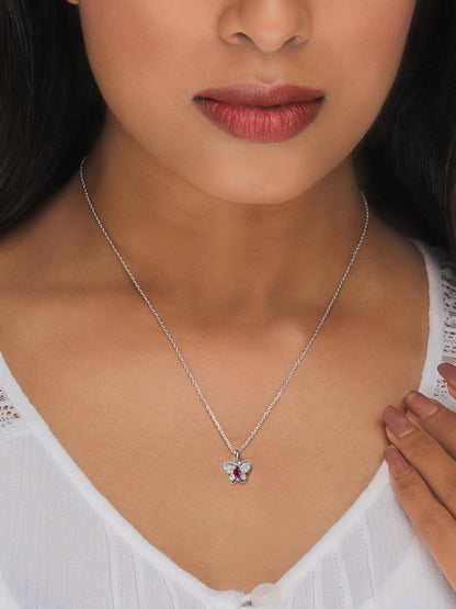 Silver Pop Pink Studded Butterfly Pendant With Link Chain