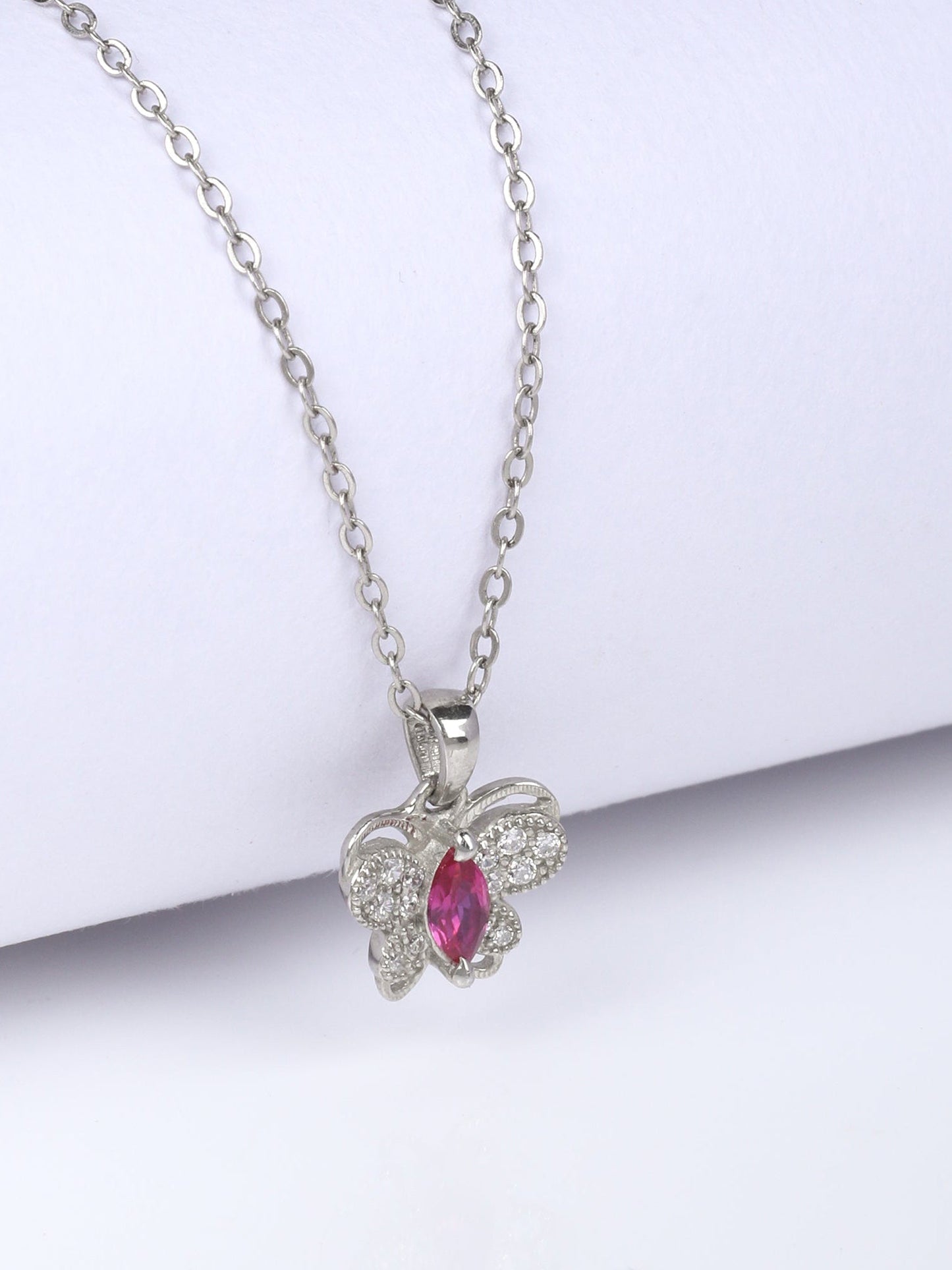 Silver Pop Pink Studded Butterfly Pendant With Link Chain