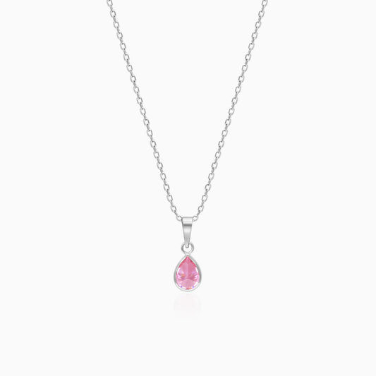 Silver Pink Drop Pendant With Link Chain