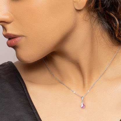 Silver Pink Drop Pendant With Link Chain