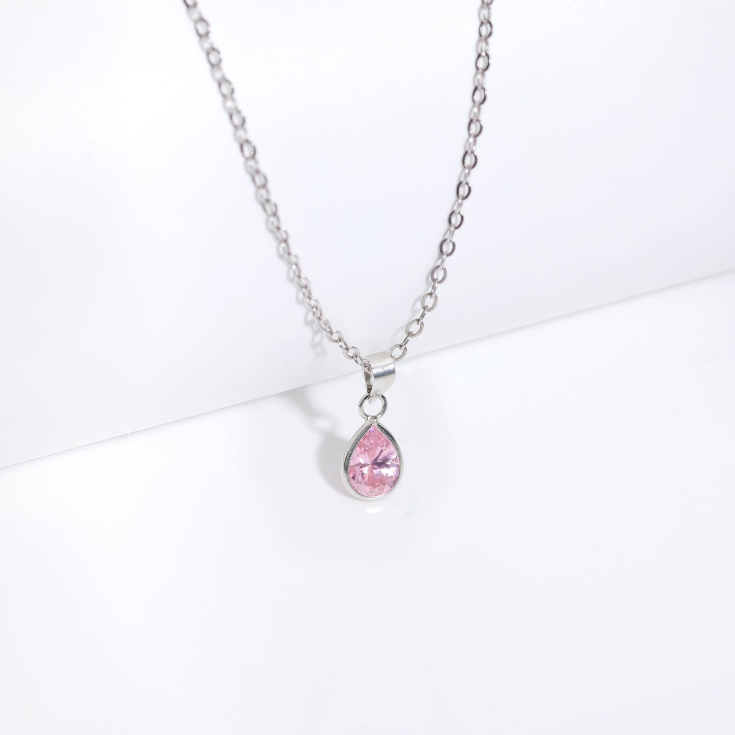 Silver Pink Drop Pendant With Link Chain