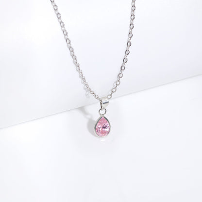 Silver Pink Drop Pendant With Link Chain