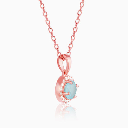Rose Gold Blue Halo Pendant With Link Chain