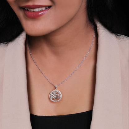 Silver Zircon Tree of Life Pendant with Link Chain