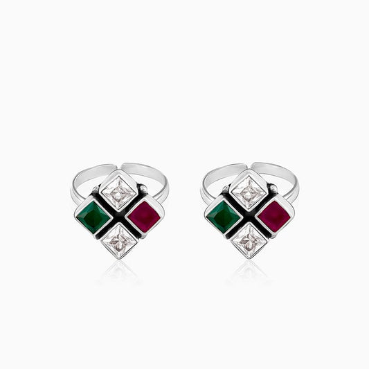 Oxidised Silver Pink and Green Toe Rings